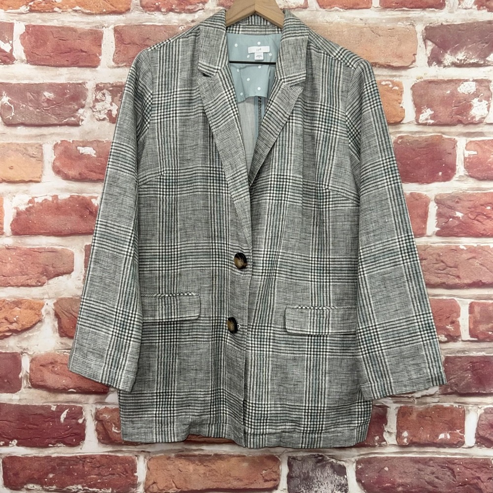 J Jill Blazer Women's M Gray Plaid Linen Blend Casual Work Office Jacket